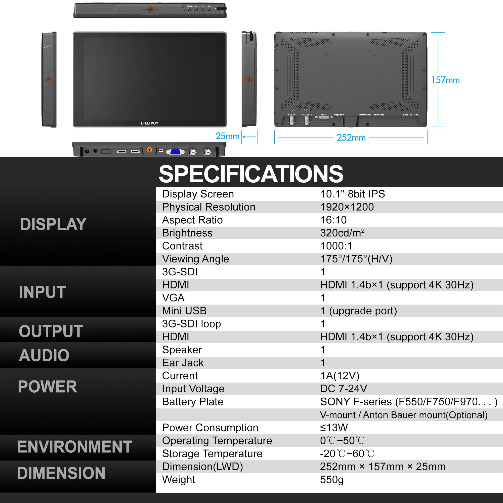 Lilliput A11 10,1" Moniteur caméra Full HD HDMI SDI