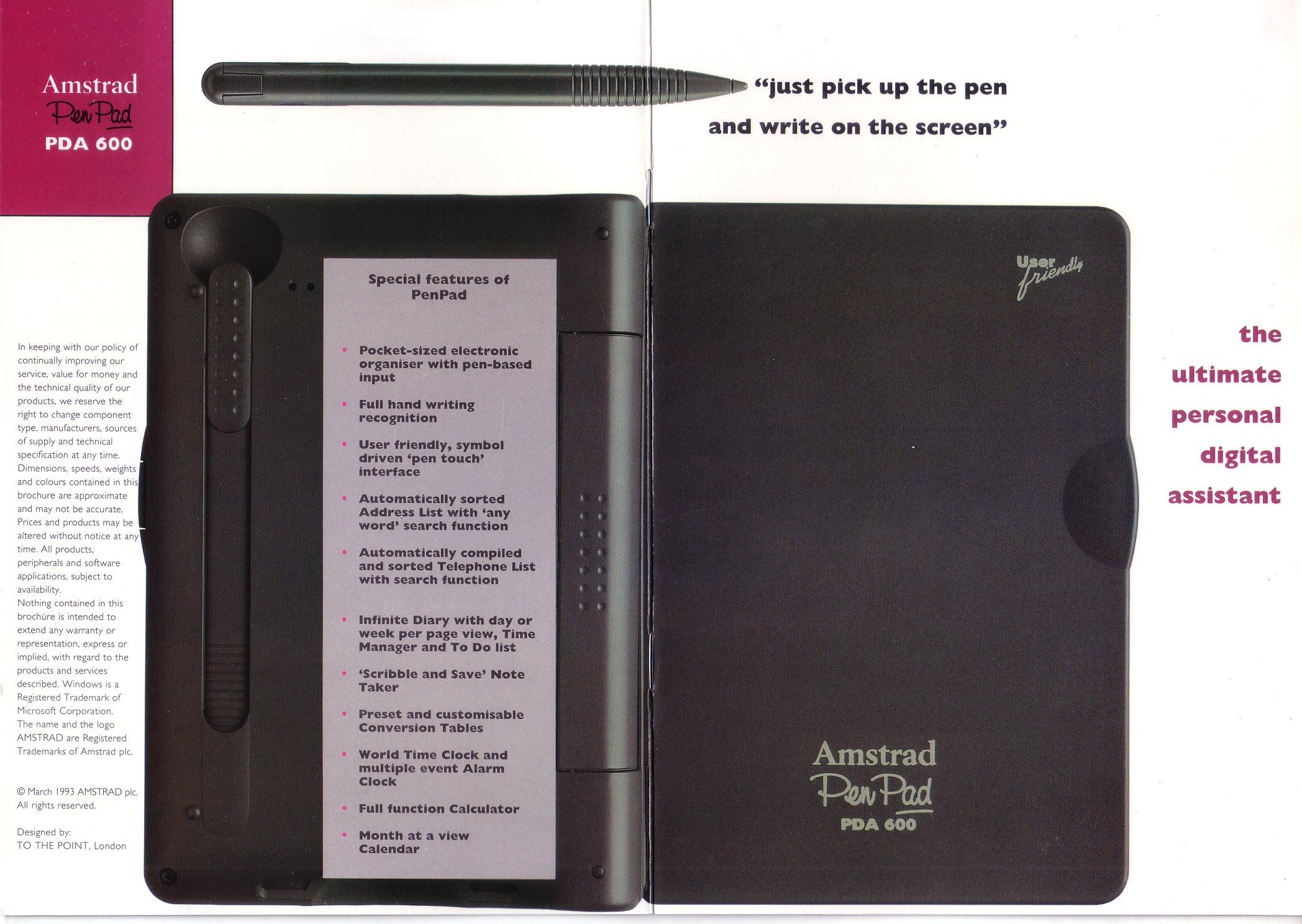Amstrad Computer PDA600 PenPad organiseur PDA 1993