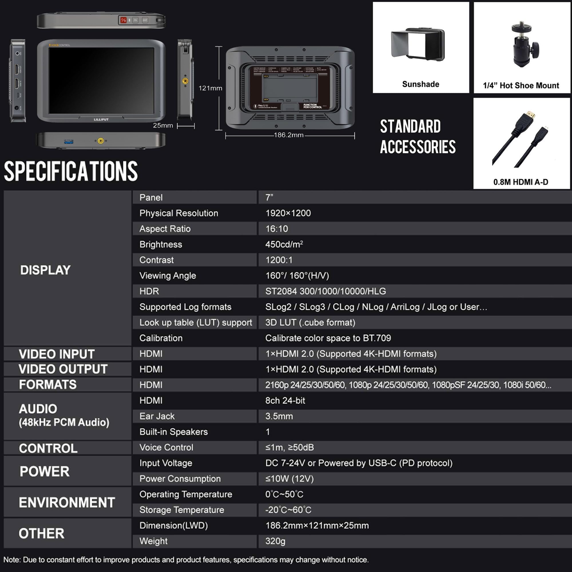 Lilliput V7 moniteur caméra 7" 4K HDMI commande vocale