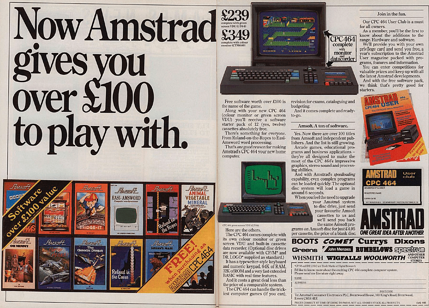 Amstrad Computer CPC464 ordinateur cassette 64K moniteur couleur