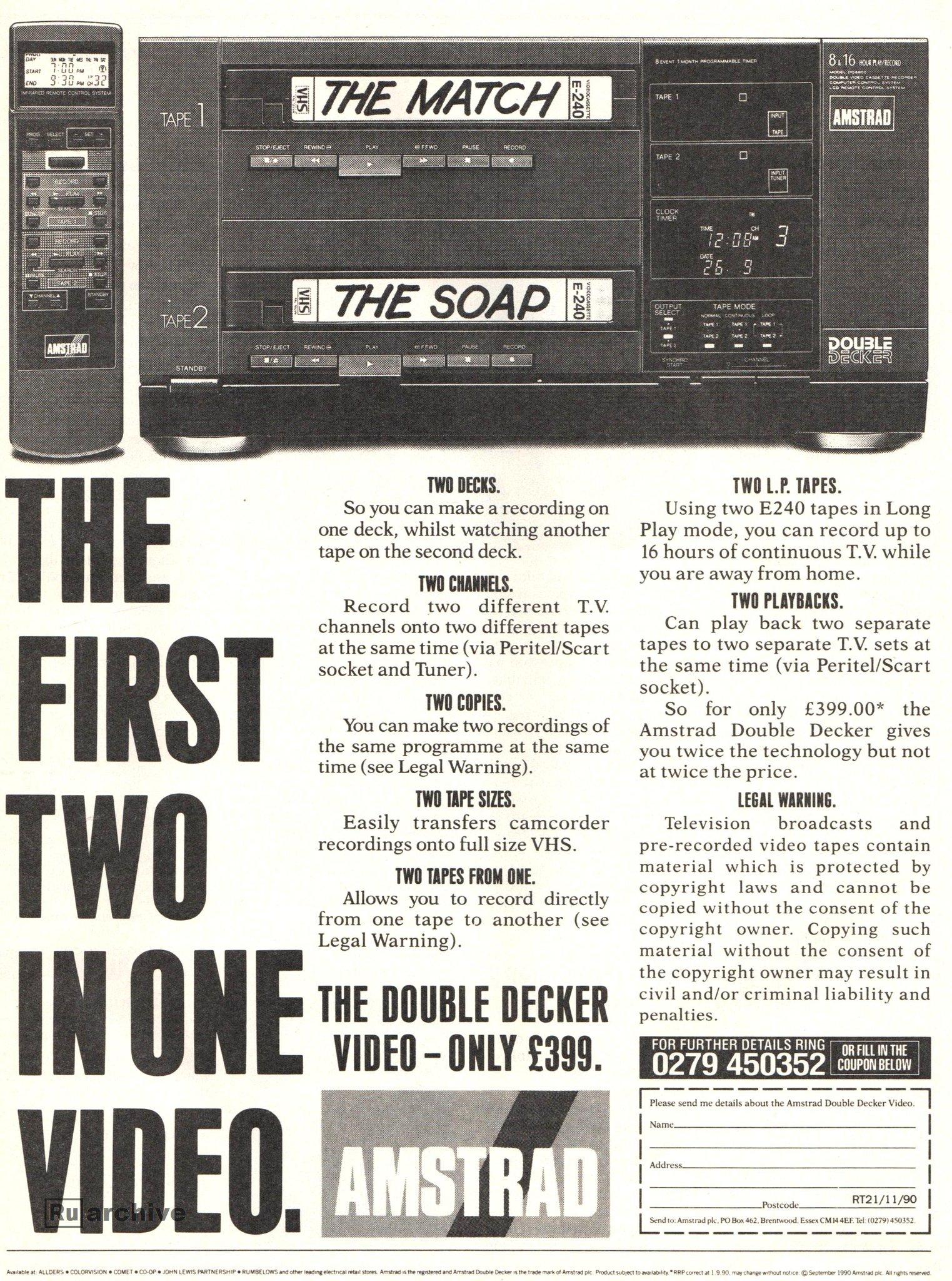 Amstrad TV Video DD8900 magnétoscope double deck VHS 1990